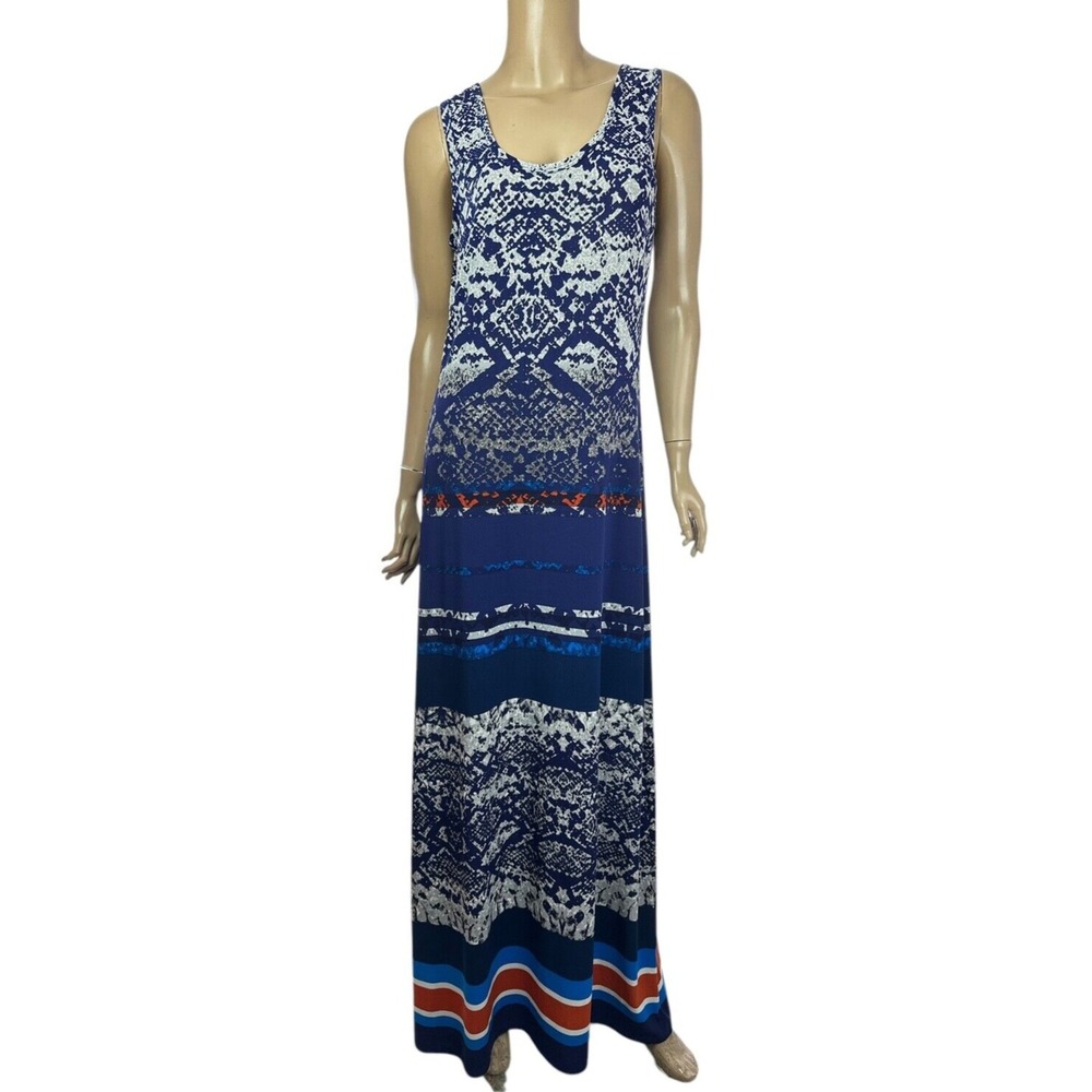 Nine West Maxi Dress Size M Sleeveless Navy Red White Polyester Scoop Neck